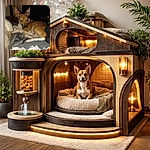 A small brown dog curled on a messy bed, giving the classic blue‑eye flash stare while surrounded by shredded tissues and scattered paper — caught mid-guilty nap with alert ears and a ‘who, me?’ expression.