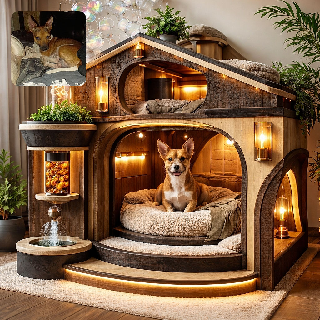 A small brown dog curled on a messy bed, giving the classic blue‑eye flash stare while surrounded by shredded tissues and scattered paper — caught mid-guilty nap with alert ears and a ‘who, me?’ expression.