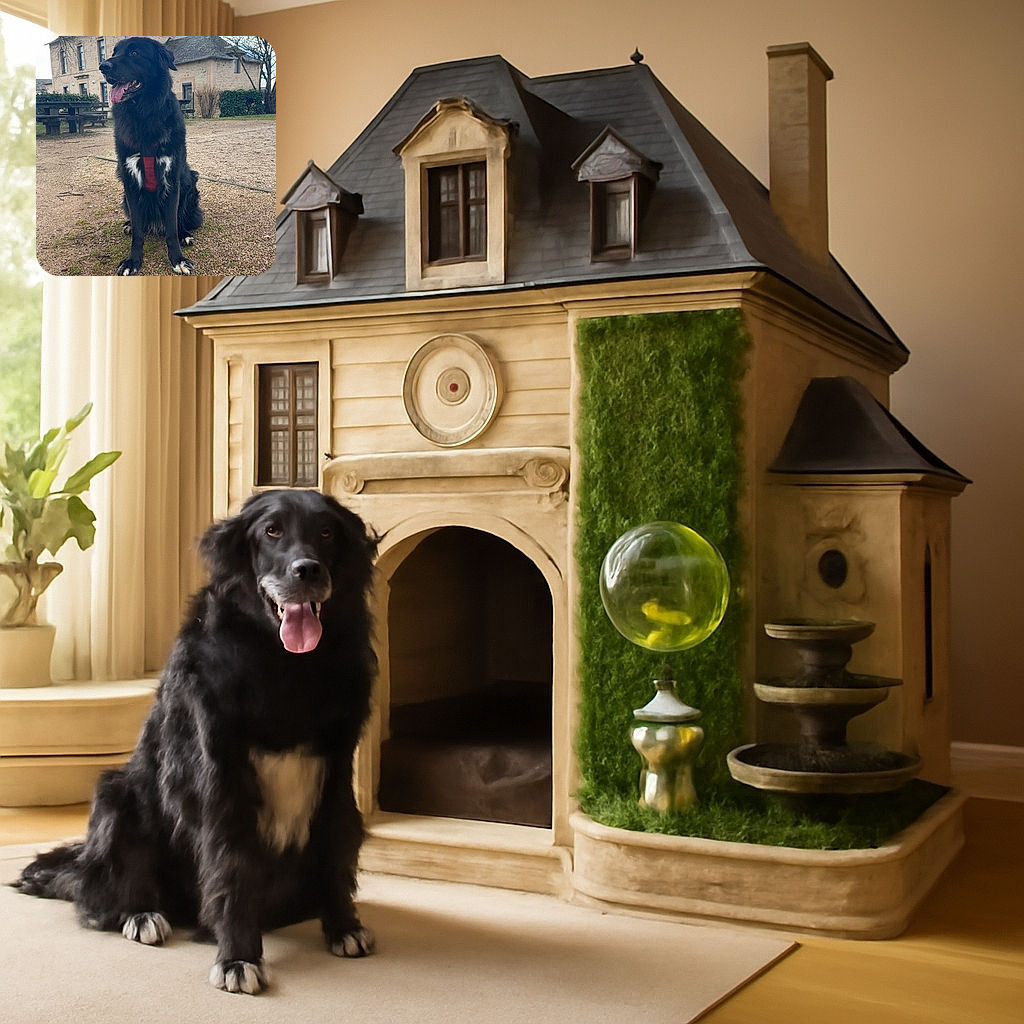 A fluffy black dog with white paws and chest sits obediently on a gravel path in front of a charming stone house, looking off to the side with its tongue out like it's ready for an adventure or maybe just a treat.