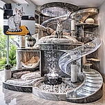A charming silver tabby kitten with striking yellow eyes sits gracefully on a neatly folded yellow towel atop a sleek black marble countertop, with a softly blurred modern kitchen in the background, giving off an aura of quiet curiosity and elegance.