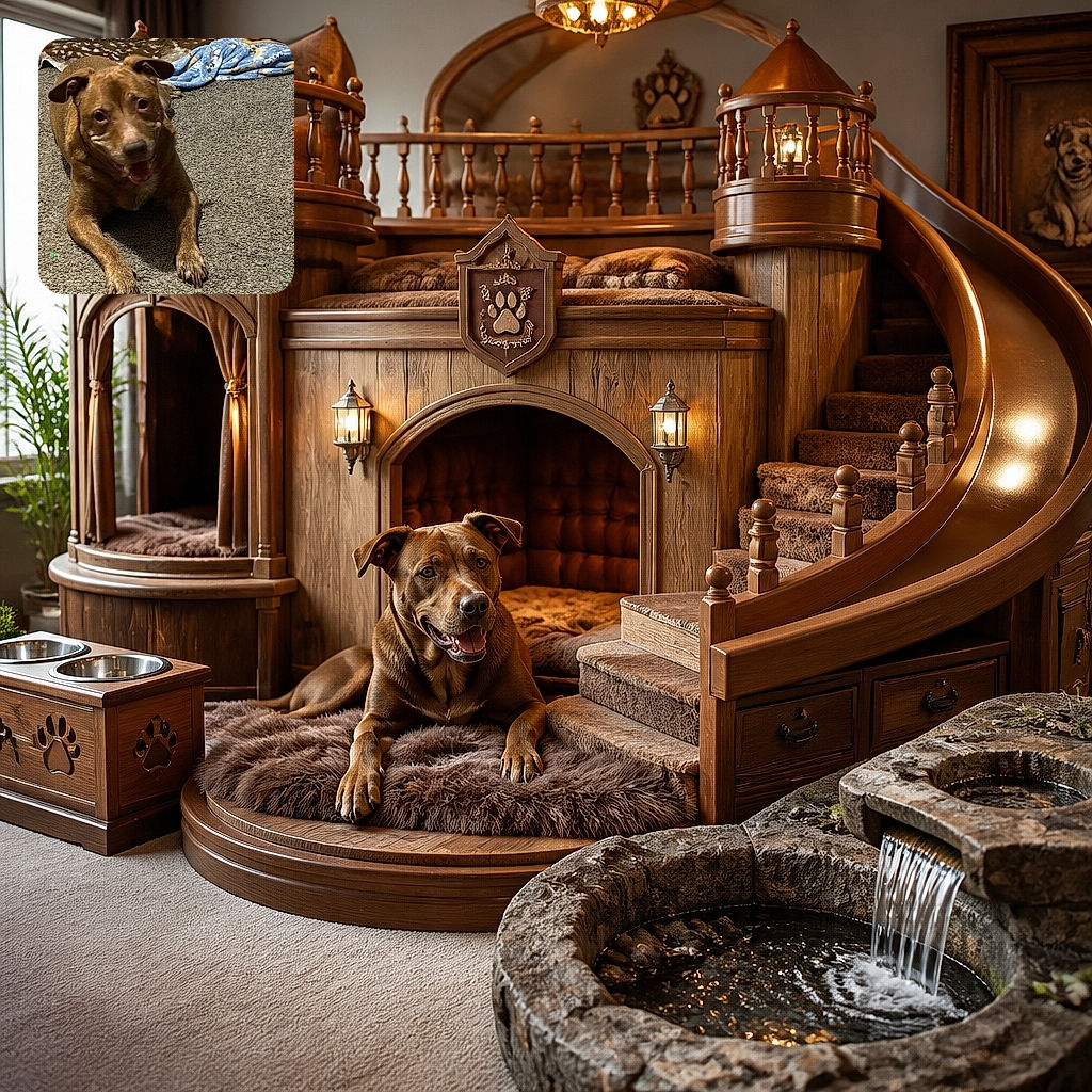 A cheerful brown dog is sprawled on the carpet, flashing a grin like it just heard the word “treat.” Behind this four-legged comedian, blankets, electronics, and tangled cables create the cozy chaos of a very lived-in home.