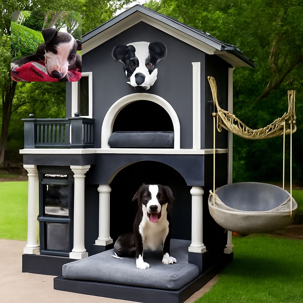 A curious black and white puppy lies on a red blanket in a lush green backyard, sniffing or chewing on a stick with trees and a wooden fence in the background.