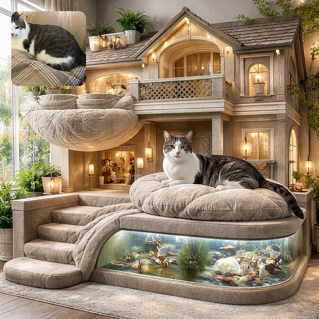 A relaxed tabby and white cat lounges comfortably on a plaid cushion atop a beige couch, basking in the soft indoor light that highlights the cozy textures around it.