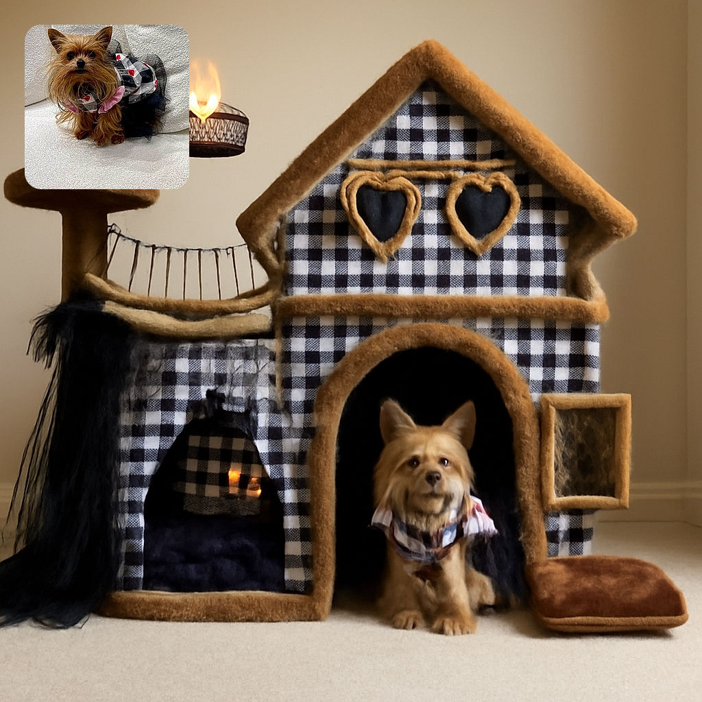 A fluffy little dog dressed in a fancy black, white, and red outfit sits on a textured white couch, looking curiously at the camera with its big dark eyes and fluffy ears standing tall.
