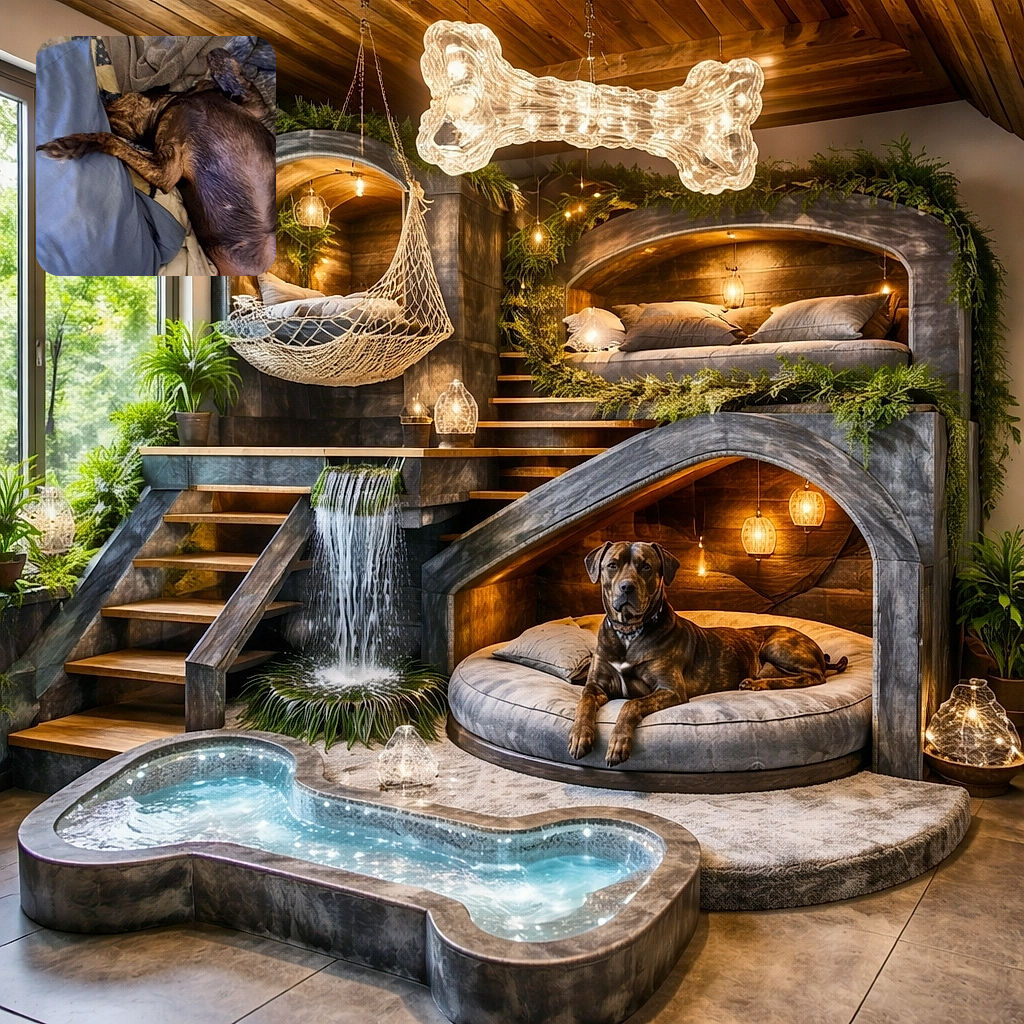 A brindle dog sprawled belly-up across pillows and rumpled blankets, occupying the frame like it owns the mattress. Close-up of fur, paws and cozy bedding — a candid nap-shot that screams "do not disturb" with maximum relaxed charm.