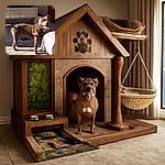 A happy dog stands in a sunlit living room, tongue out and tail wagging, with a TV and furniture in the background casting soft shadows.