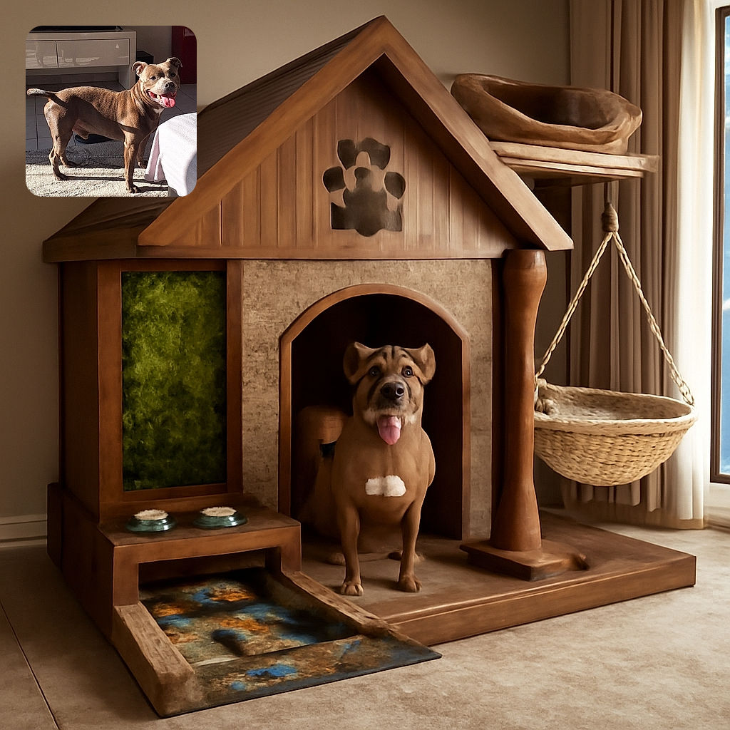 A happy dog stands in a sunlit living room, tongue out and tail wagging, with a TV and furniture in the background casting soft shadows.