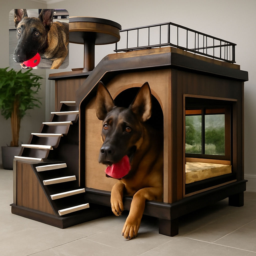 A playful German Shepherd is perched on a grey couch, gripping a bright red ball with green holly patterns in its mouth, eyes wide with excitement and ears standing tall, ready for a game of fetch indoors.