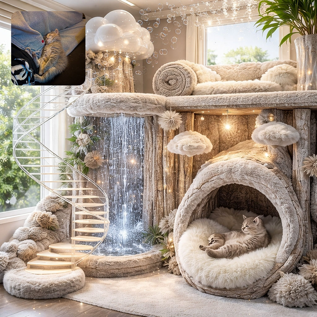 A tiny tabby kitten is blissfully conked out on a soft towel, belly up and curled like a furry croissant while a red button and a printed hoodie peek into the scene — pure cozy nap energy.