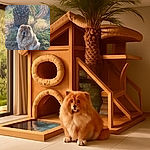 A fluffy Chow Chow dog sits regally on the grass in front of a palm tree, bathed in warm sunlight with a natural outdoor background of greenery and dry grass.