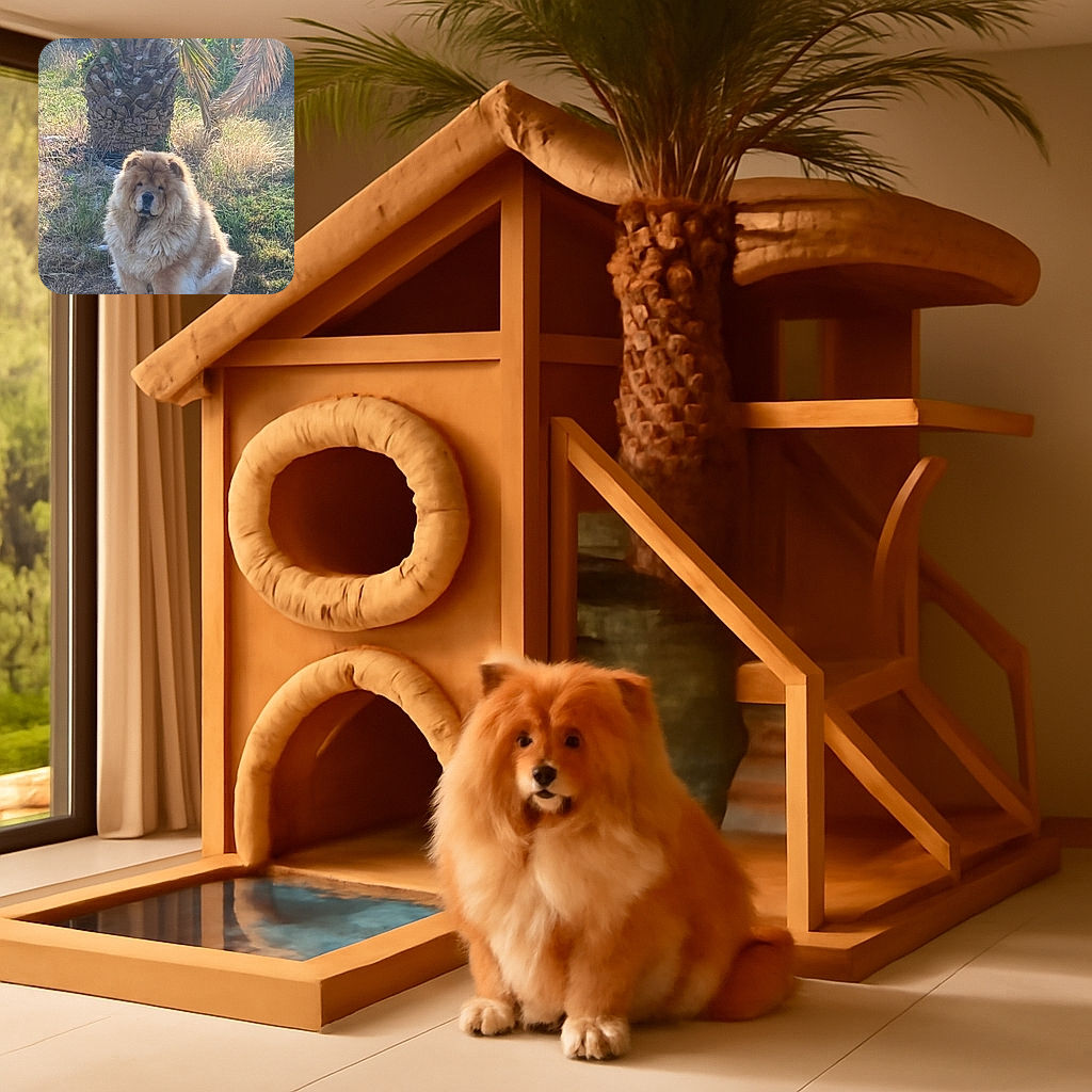 A fluffy Chow Chow dog sits regally on the grass in front of a palm tree, bathed in warm sunlight with a natural outdoor background of greenery and dry grass.