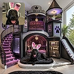 A cheerful black dog sits proudly in a bunny-ear headband, looking like it has been promoted to Chief Easter Officer. Its tongue is out, its bow is perfectly pink, and the cozy room behind it completes the festive portrait.