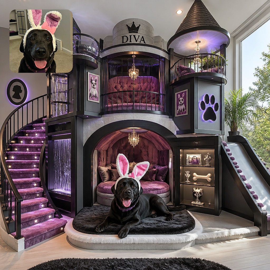 A cheerful black dog sits proudly in a bunny-ear headband, looking like it has been promoted to Chief Easter Officer. Its tongue is out, its bow is perfectly pink, and the cozy room behind it completes the festive portrait.