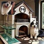A happy fluffy dog with a black and white face sticks its tongue out under a table, next to a person's sandal-clad foot, looking like it's ready for some fun or treats.
