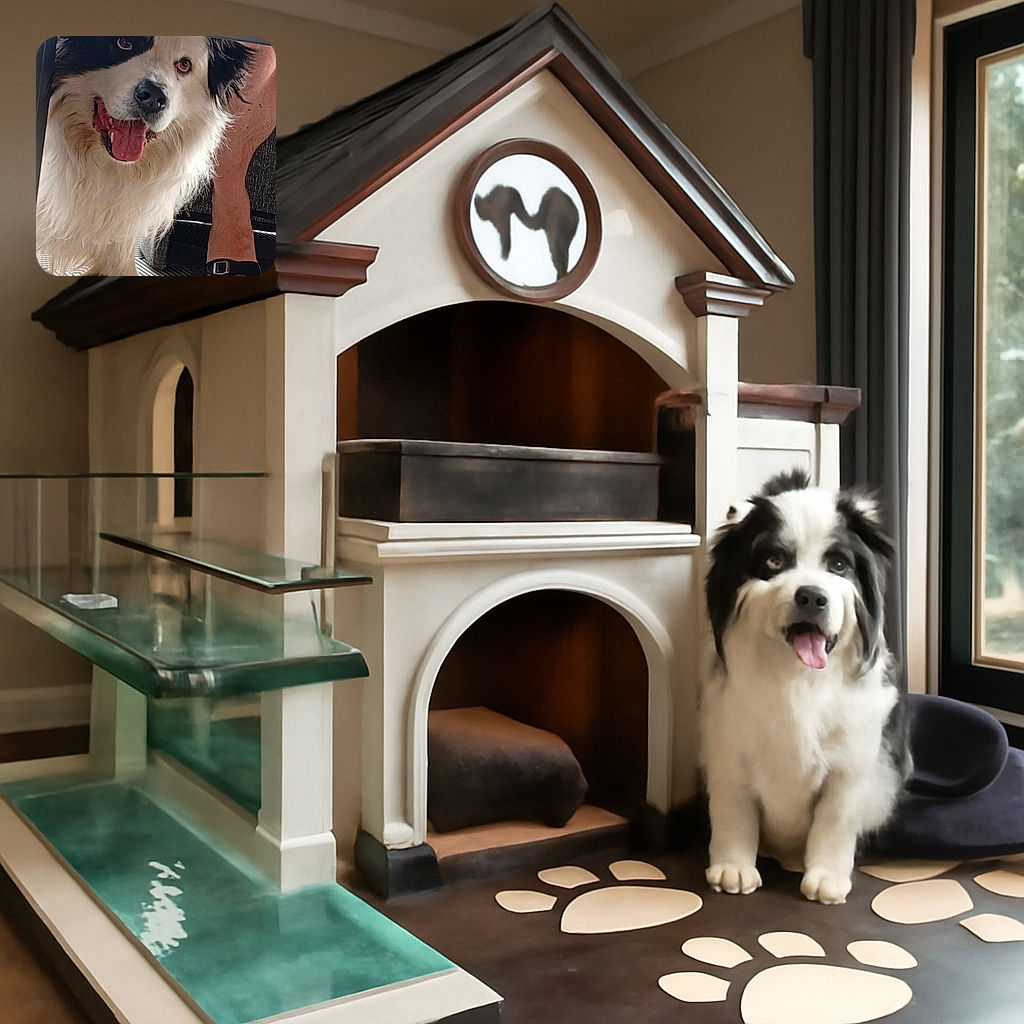 A happy fluffy dog with a black and white face sticks its tongue out under a table, next to a person's sandal-clad foot, looking like it's ready for some fun or treats.