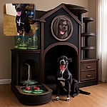 A happy black dog with white speckled paws and chest sits obediently on a brown carpeted floor, tongue out and ears perked up, with a cozy room background featuring a wooden nightstand, a lamp, and some household items.
