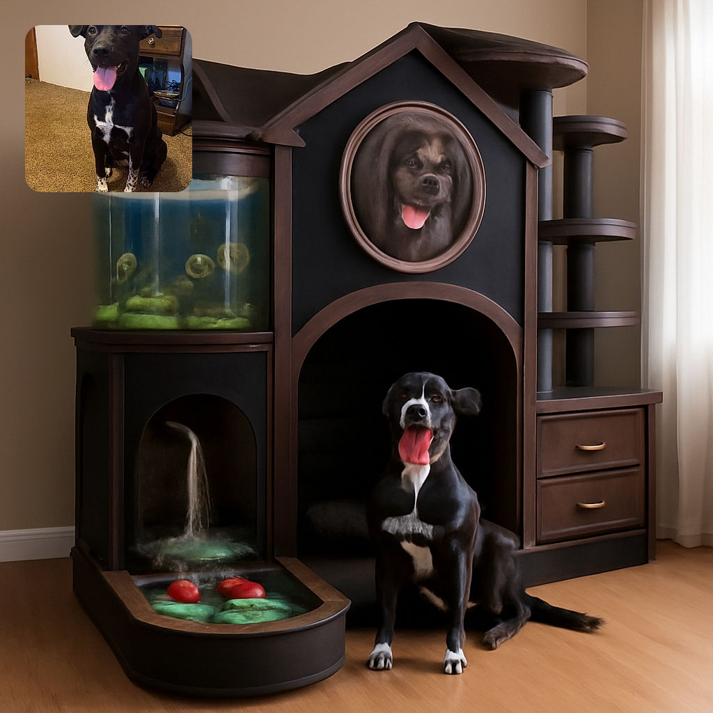A happy black dog with white speckled paws and chest sits obediently on a brown carpeted floor, tongue out and ears perked up, with a cozy room background featuring a wooden nightstand, a lamp, and some household items.
