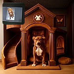 A photo of a brown dog with a white chest sitting on a plain background, displayed on a screen. The dog looks serious and attentive, but the image is slightly blurry and taken at an angle.