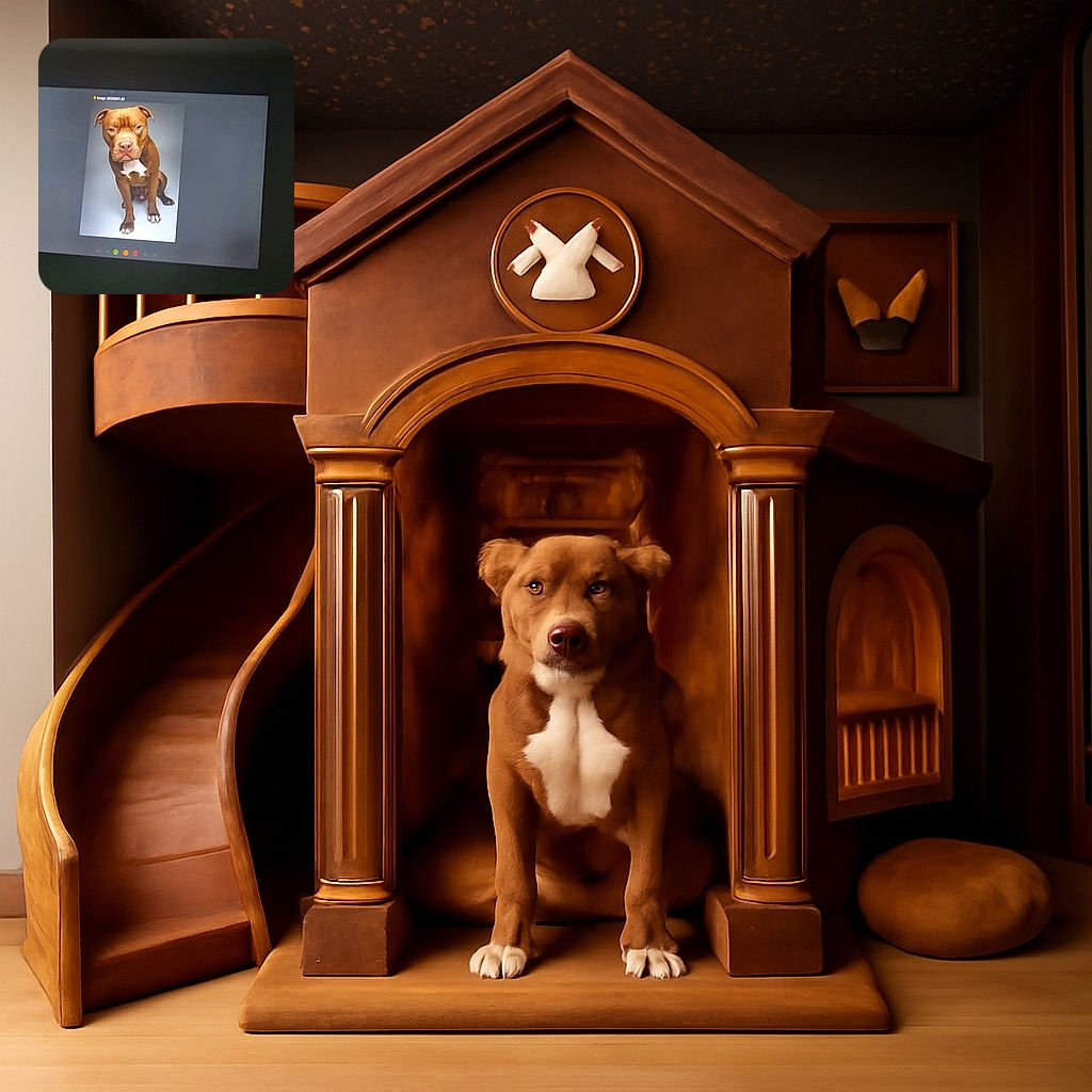 A photo of a brown dog with a white chest sitting on a plain background, displayed on a screen. The dog looks serious and attentive, but the image is slightly blurry and taken at an angle.
