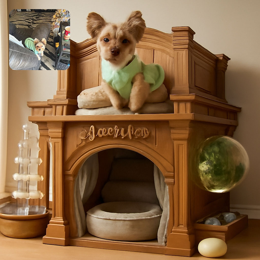 A tiny dog wearing a light green shirt perched adorably on the armrest of a gray couch, looking up with curious eyes. The cozy living room features a zebra-patterned rug, a decorated Christmas tree with warm lights, and a glass coffee table holding a festive Starbucks cup and various small items.