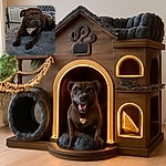A relaxed brown dog with a white patch on its chest lounges on a fluffy gray blanket, looking contemplative. Behind the dog, a TV is on with subtitles in French, and the cozy living room setting includes cabinets, decorative items, and a plant.