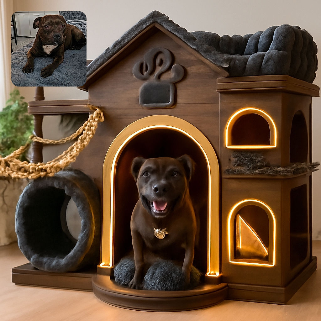 A relaxed brown dog with a white patch on its chest lounges on a fluffy gray blanket, looking contemplative. Behind the dog, a TV is on with subtitles in French, and the cozy living room setting includes cabinets, decorative items, and a plant.