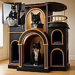 A tuxedo cat with bright yellow eyes and a classy brown bow tie is sitting patiently on carpeted stairs, framed by a wooden banister in the foreground. The image has a cozy home vibe but is slightly out of focus, adding a soft charm to the scene.