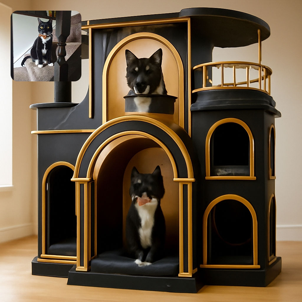 A tuxedo cat with bright yellow eyes and a classy brown bow tie is sitting patiently on carpeted stairs, framed by a wooden banister in the foreground. The image has a cozy home vibe but is slightly out of focus, adding a soft charm to the scene.