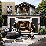 A sandy-nosed black-and-white dog sits center-frame on a wide stretch of beach, grinning with a sand-speckled snout and eager eyes — clearly proud of whatever prehistoric treasure it just dug up. The empty sandy background makes this pup the undeniable star of the show.