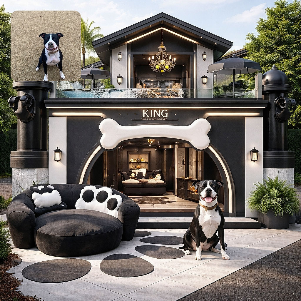 A sandy-nosed black-and-white dog sits center-frame on a wide stretch of beach, grinning with a sand-speckled snout and eager eyes — clearly proud of whatever prehistoric treasure it just dug up. The empty sandy background makes this pup the undeniable star of the show.