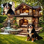 A happy Bernese Mountain Dog is sitting outdoors on a wooden surface with its tongue out, basking in the sunlight with a blurred green lawn and brick wall in the background.