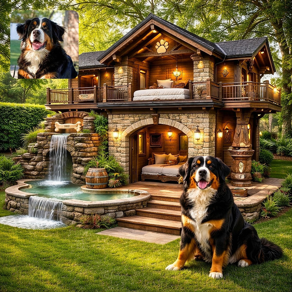 A happy Bernese Mountain Dog is sitting outdoors on a wooden surface with its tongue out, basking in the sunlight with a blurred green lawn and brick wall in the background.