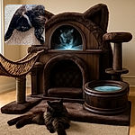 A fluffy black cat is lying on its back with paws stretched out, showing a tiny glimpse of its teeth as if mid-yawn or making a funny face, sprawled on a textured beige carpet.