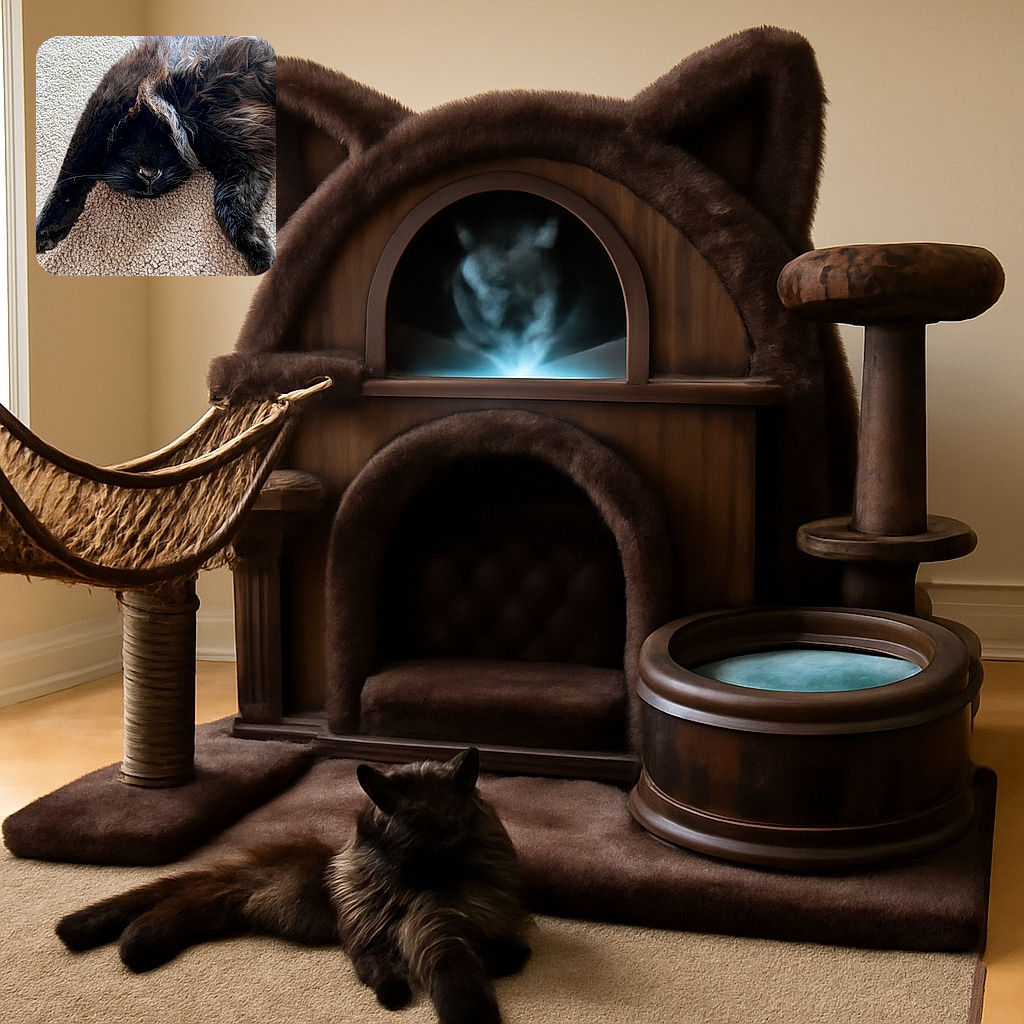 A fluffy black cat is lying on its back with paws stretched out, showing a tiny glimpse of its teeth as if mid-yawn or making a funny face, sprawled on a textured beige carpet.