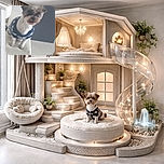 A small dog wearing a cozy sweater stands on the edge of a white couch, looking curiously at the camera with a slightly blurred background of a modern indoor setting.