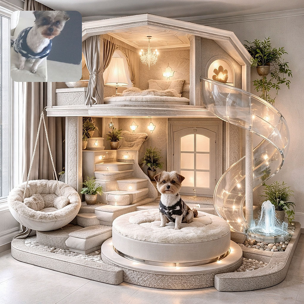 A small dog wearing a cozy sweater stands on the edge of a white couch, looking curiously at the camera with a slightly blurred background of a modern indoor setting.