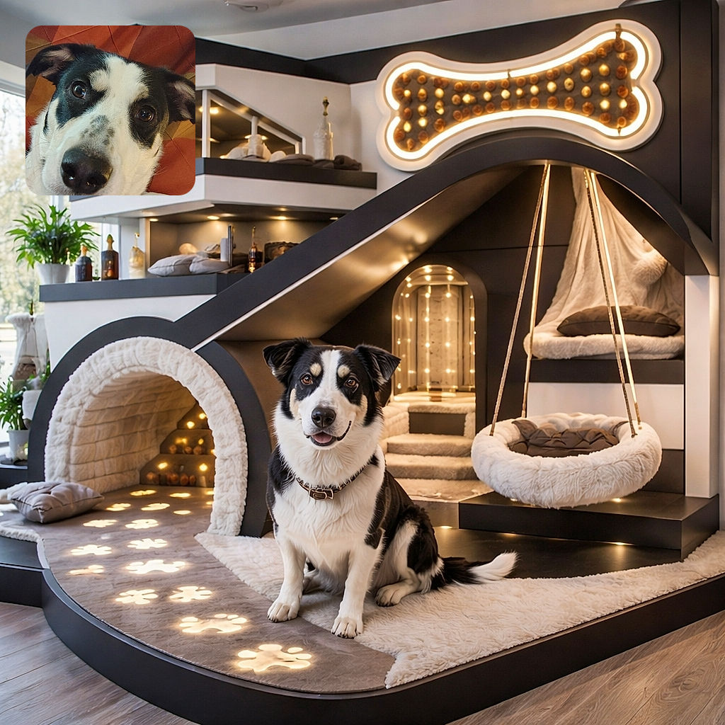 A close-up photo of a curious black and white dog with expressive eyes and a shiny chain collar, lounging on a colorful geometric patterned blanket, looking straight into the camera with a gentle, inquisitive expression.