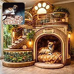 A small brown dog flopped on its back like it's pleading innocence — wide eyes, tucked paws, and a paw-print blanket stage. It looks part guilty, part ready for a belly rub, giving maximum cute with minimal effort.