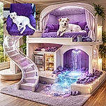 A relaxed white dog lounges comfortably on a purple-covered armchair, looking directly at the camera with a calm and slightly curious expression. The background is simple with a wooden floor and a wall, emphasizing the dog's cozy throne.