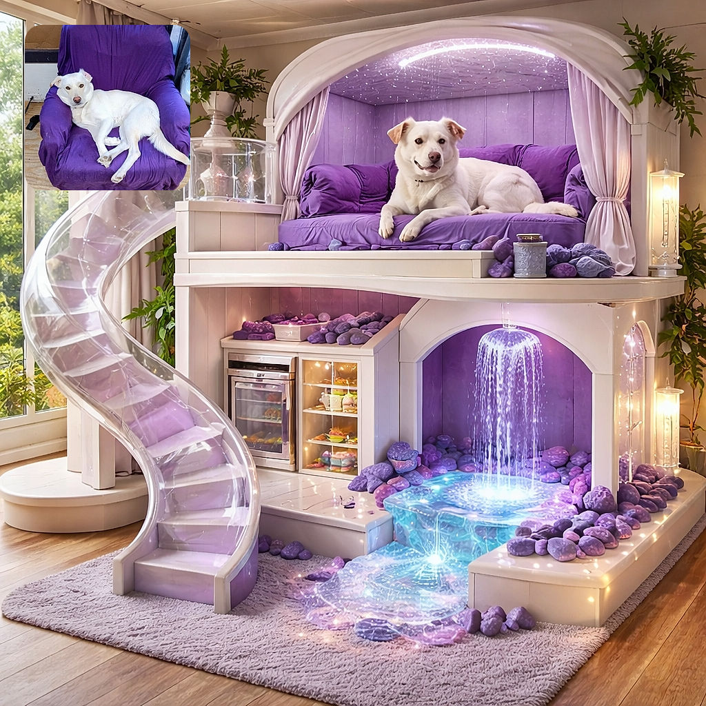 A relaxed white dog lounges comfortably on a purple-covered armchair, looking directly at the camera with a calm and slightly curious expression. The background is simple with a wooden floor and a wall, emphasizing the dog's cozy throne.