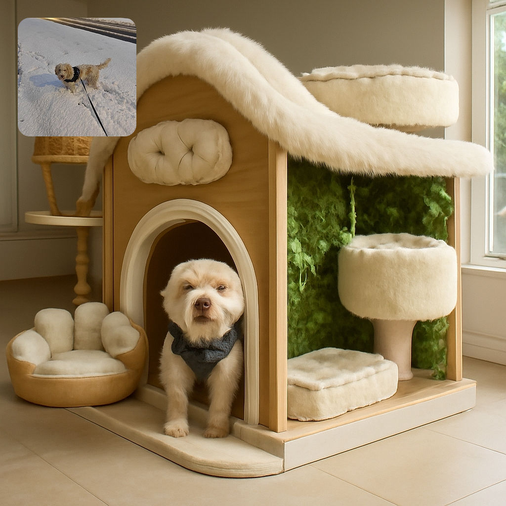 A fluffy, slightly scruffy dog stands in fresh snow, looking curiously at the camera while attached to a black leash. The snowy ground glistens under soft light, with a road and parked cars blurred in the background, capturing a peaceful winter walk moment.