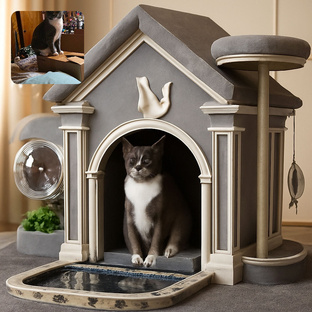 A dignified gray and white cat perches on a cardboard box in a cozy wood-paneled room filled with personal clutter and warm lighting, looking curiously at the camera like the king of the cardboard castle.