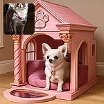 A tiny white Chihuahua with big ears and soulful eyes basks in a warm patch of sunlight on a wooden floor, wearing a slightly worn pink collar with a sparkling paw-shaped tag, looking as if it's pondering the mysteries of the universe or just waiting for a treat.