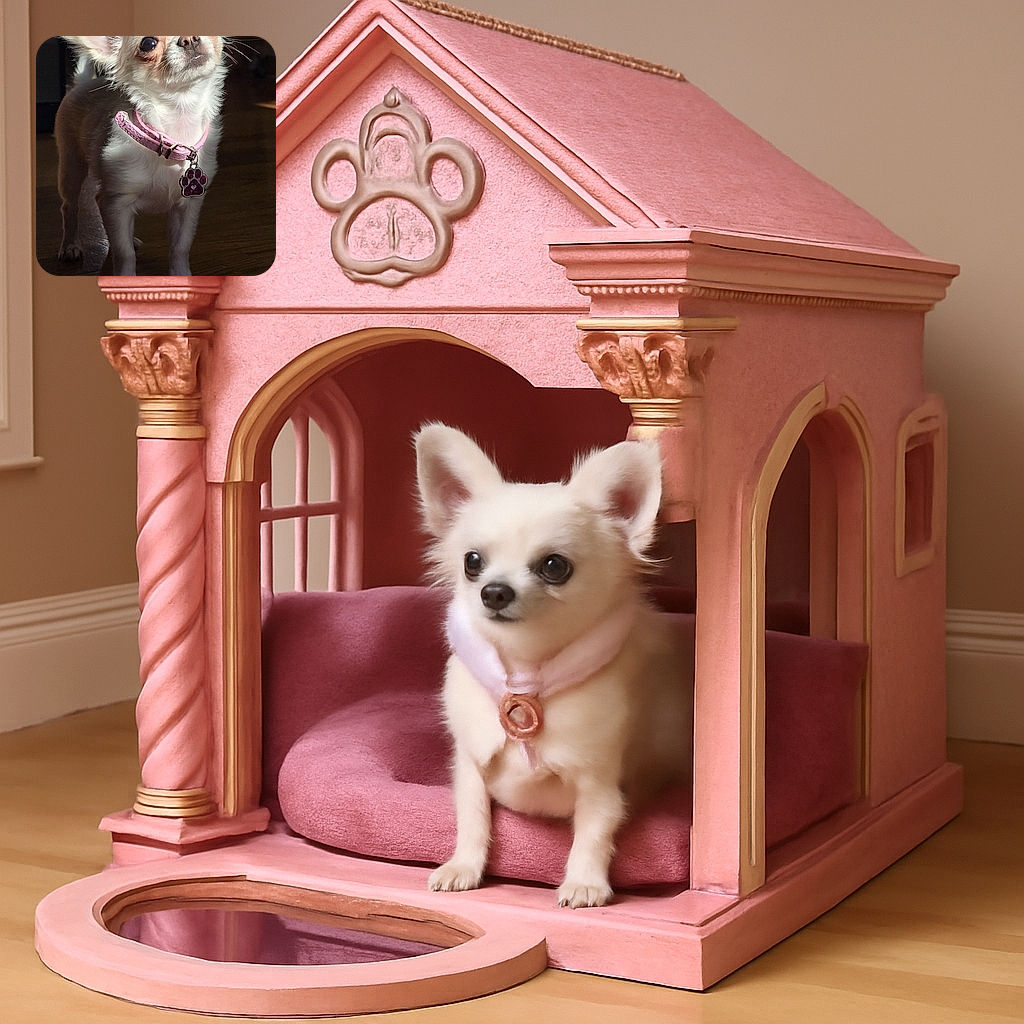 A tiny white Chihuahua with big ears and soulful eyes basks in a warm patch of sunlight on a wooden floor, wearing a slightly worn pink collar with a sparkling paw-shaped tag, looking as if it's pondering the mysteries of the universe or just waiting for a treat.