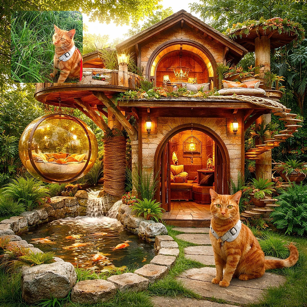 A curious orange tabby cat with a white harness and red leash sits attentively among tall green grass, bathed in soft natural light that highlights its expressive amber eyes and striped fur.