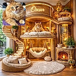 A majestic fluffy orange cat lounges on a textured purple surface, staring thoughtfully with striking green eyes, its luxurious fur glowing in soft natural light.