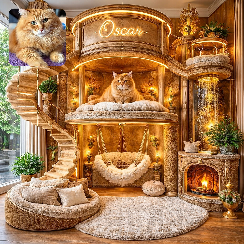 A majestic fluffy orange cat lounges on a textured purple surface, staring thoughtfully with striking green eyes, its luxurious fur glowing in soft natural light.