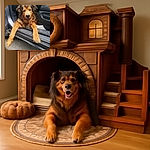 A fluffy dog lounges comfortably in the open doorway of a car, stretching its paws out onto the pavement with a relaxed, happy expression.