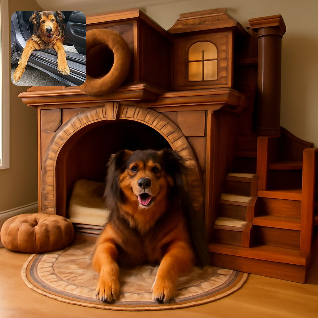 A fluffy dog lounges comfortably in the open doorway of a car, stretching its paws out onto the pavement with a relaxed, happy expression.
