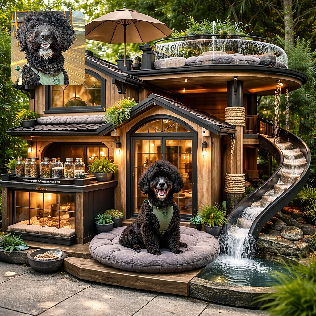 A joyful curly-haired black doodle stares into the camera with a big toothy grin, its fluffy beard and nose front-and-center. The pup wears a green harness and sits on a sunlit wooden deck with chairs blurred in the background — part model, part goofball, all heart.